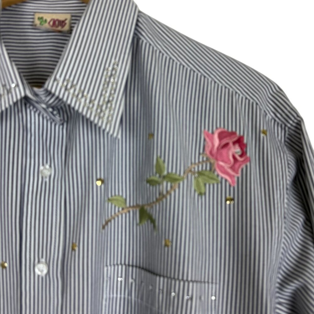 Cactus California Vtg 90s Shirt Women’s L/XL Blue White Stripe Embroidered Rose - Picture 4 of 14